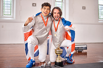 Image showing Britain flag, fencing and portrait of men with trophy for winning competition, challenge and match. Sports, sword fighting and excited male athletes celebrate with prize for games and tournament