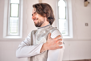 Image showing Man, fencing and injury, shoulder pain or accident after training, exercise and workout in club. Fencer, arm problem and athlete with arthritis, fibromyalgia and osteoporosis, wound and emergency