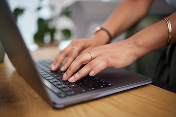 Image showing Hands of woman, remote work and laptop keyboard in home for digital planning, online research or blog information. Closeup of freelancer working on computer, technology and website media for telework