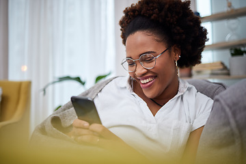 Image showing Laughing, meme and woman with phone on a couch using the internet, web and search on social media for joke. Online, smartphone and person relax on a sofa with mobile connection or online shopping