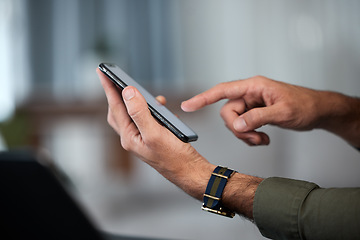 Image showing Phone, office and hands of business man online for planning, social media and network. Corporate, professional and closeup of male worker on smartphone for communication, website and mobile app