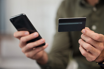 Image showing Hands, credit card and phone with typing in office for password, cybersecurity and payment for e commerce. Person, fintech and smartphone for finance, saving or online shopping with deal in workplace