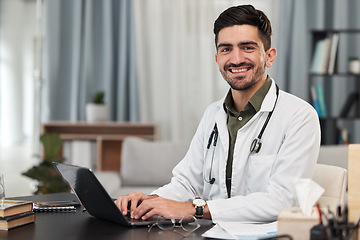 Image showing Laptop, office and portrait of doctor typing or working on research or search the internet, online or web for results. Medical, service and professional young healthcare worker doing a report