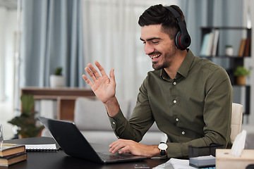 Image showing Man, remote work and video call with headphones at laptop for voip communication, online meeting or telecom. Freelance virtual assistant wave at computer with microphone for consulting in home office