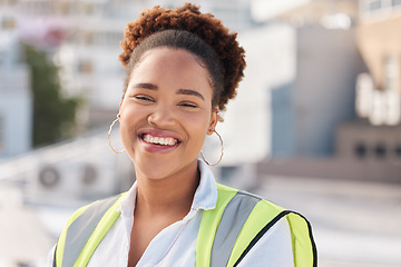 Image showing Smile, rooftop and portrait of woman architect happy for city building design at an outdoor urban town development. Contractor, architecture and young engineering professional at a construction