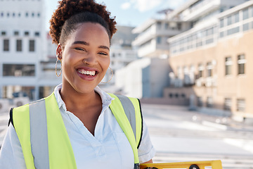 Image showing Smile, woman builder and portrait on site for construction, building or infrastructure maintenance in the city. Happy, industrial and an African architect, engineer or contractor in safety or labor