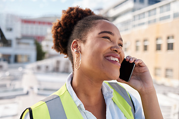 Image showing Black woman, construction and worker with phone call in city for civil engineering, building industry or site contractor. Face of happy female architect talking on smartphone for property development