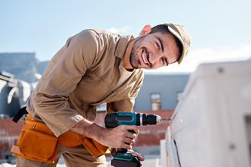 Image showing Engineer man, roof and portrait for air conditioning maintenance, smile or building in city for construction job. AC repair, hvac tech and happy technician with drill, tools or industry in Cape Town