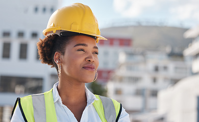 Image showing Thinking, engineer and woman in a city, ideas and development with helmet, construction worker and property vision. Female person, inspector and architect with solution, problem solving and planning