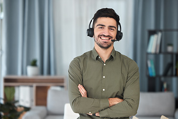 Image showing Man, portrait and microphone for working in home office for virtual assistant, voip communication and advisory telemarketing. Happy sales agent, remote worker and arms crossed for telecom consulting