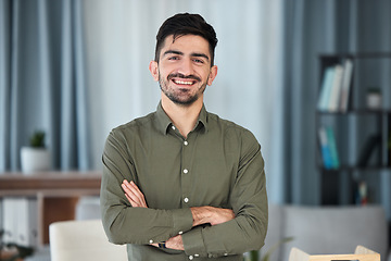 Image showing Smile, remote work and portrait of man accountant intern in home office confident and proud arms crossed. Happy, young and professional employee with a future or mission at work for a startup company