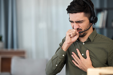 Image showing Call center, sick young man and cough in office with flu, mucus or allergies for healthcare problem. Telemarketing consultant, agent and chest pain with virus, cold and bacteria in lungs in workplace