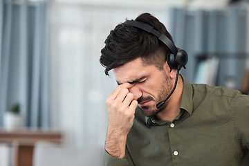 Image showing Telemarketing, tech support and man with a headache, burnout and overtime with stress, pain and tension. Male person, employee and consultant with a migraine, health problem and agent with fatigue