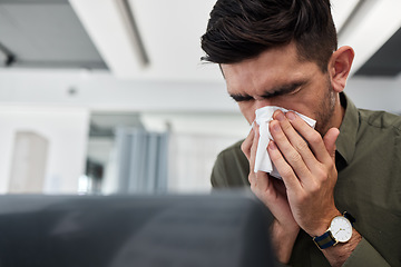 Image showing Business man, blowing nose and tissue in office with flu, mucus or allergies for healthcare problem. Sick entrepreneur, toilet paper and cleaning for wellness, workplace and virus with cold bacteria