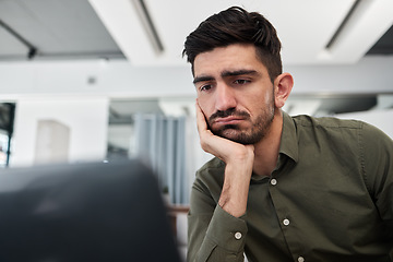 Image showing Sad, businessman and working in an office on laptop, desk and workplace with fatigue, tired energy and burnout. Depressed, consultant and work on computer with anxiety for feedback or project email