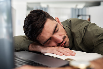 Image showing Sleeping, businessman and desk in office, workplace and consultant with fatigue, tired energy and corporate burnout. Exhausted, employee and person sleep at work from stress, anxiety or overtime