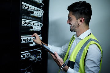 Image showing Technician, check server cables and tablet with system, happy or maintenance on web app in night. IT expert man, engineer and digital touchscreen for inspection, idea or smile in room for data center