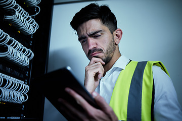 Image showing Engineer man, thinking and tablet in server room for information technology, maintenance and app in night. IT technician, digital touchscreen and idea for inspection, analysis or check at data center