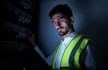 Image showing Engineer man, thinking and night in server room for information technology, maintenance and check cables . IT technician, cyber security and ideas for inspection, analytics and dark in data center