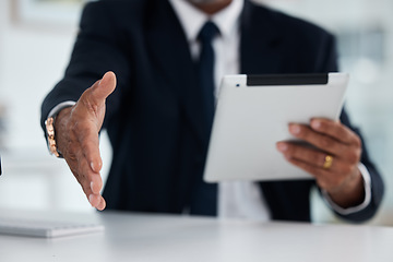 Image showing Handshake, meeting and a businessman with a tablet at work for an interview or company onboarding. Thank you, hr and a manager or employee extending a hand for welcome with technology for recruitment