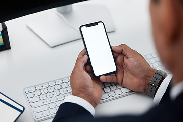 Image showing Hands, blank phone screen and man at desk with mockup space for logo, branding and communication. Businessman, smartphone and ux design for mobile app, internet or fintech promo at accounting agency