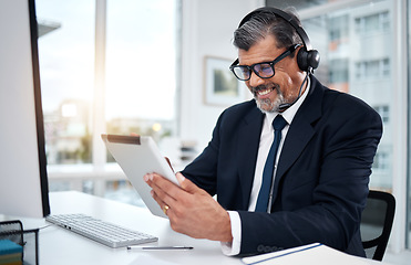 Image showing Tablet, call center and mature man in office for customer service, support and crm email. Smile, technology and professional, sales agent or consultant on internet for telemarketing research at desk