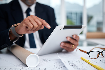 Image showing Hands, tablet and architect typing at desk for research, architecture and planning on internet. Technology, fingers and engineer writing, construction design and email for online blueprint in office