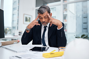 Image showing Stress, tired and architect man in an office with a design problem, mistake or deadline for project. Mature male engineer frustrated with headache, fatigue or crisis in construction industry