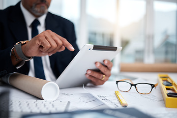 Image showing Tablet, hands and architect with research at desk for typing, architecture or planning on internet. Technology, fingers of man and engineer writing, construction design and email for online blueprint