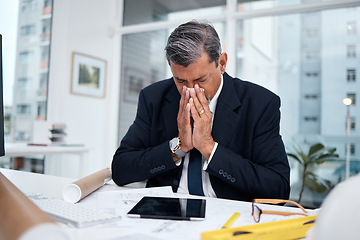 Image showing Sick, professional and architect man in an office with tissue for blowing nose at desk. Mature male engineer person frustrated with flu virus, allergies or health problem in construction industry