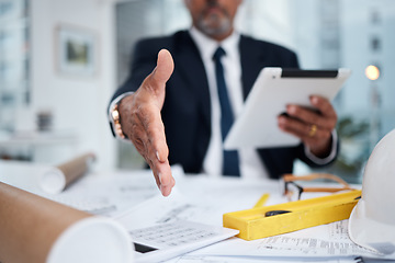 Image showing Hand extended, architect and a man in office for a handshake for welcome greeting or deal. POV of male engineer with a tablet and gesture for business negotiation, thank you and agreement or trust