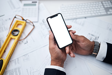 Image showing Hands, mockup phone screen at desk, architect man and blank space for logo, branding and planning. Construction expert, smartphone and ux design for app, internet or promotion at architecture agency