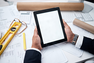 Image showing Hands, tablet and blank screen with architect man, desk and mockup space for logo, brand or planning. Construction expert, touchscreen and ux design for app, internet and promo at architecture agency