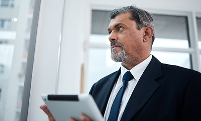 Image showing Business, ideas and senior man with a tablet, thinking and connection with network, project and digital planning. Consultant, inspiration and entrepreneur with technology and strategy in a workplace