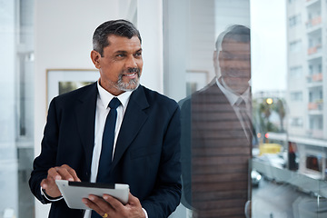 Image showing Corporate, window and man with a tablet, thinking and connection with inspiration, happiness and digital planning. Consultant, smile and business owner with technology, glass and idea for a project