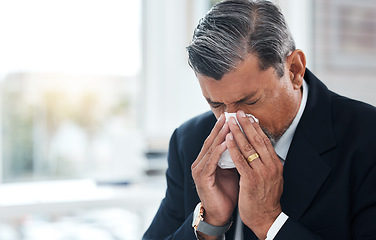 Image showing Sick business man, tissue and blowing nose for allergies, cold and virus in law firm. Face of mature lawyer sneeze with influenza, allergy bacteria and risk of health problem, sinusitis and infection