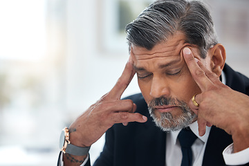 Image showing Face, business and man with headache, stress of debt and burnout risk for stock market crash. Tired boss, executive CEO and anxiety for bankruptcy problem, doubt or crisis of depression, pain or fail