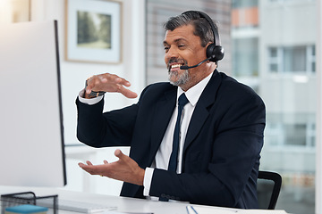 Image showing Video call, customer service and mature man on computer for communication in callcenter. Smile, webinar and professional, sales agent or consultant in virtual meeting, telemarketing or online chat