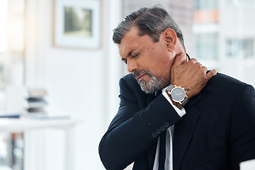 Image showing Business, stress and mature man with neck pain, tired and burnout of health problem, anxiety and bad posture. CEO, corporate boss and executive with spine injury, muscle fatigue and risk of arthritis