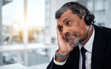 Image showing Stress, call center and tired face of man in telemarketing agency with fail, business error and 404 glitch. Bored, mature and confused salesman with challenge, client account problem and CRM crisis