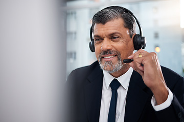 Image showing Customer service, call center and mature man with microphone for communication on mockup space. Smile, telemarketing and professional, sales manager or consultant with headphones for business support