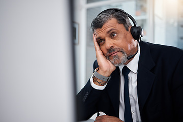 Image showing Stress, call center agent and man at computer in telemarketing agency with fail, telecom error and 404 glitch. Bored, mature and confused salesman with challenge, client account problem or CRM crisis