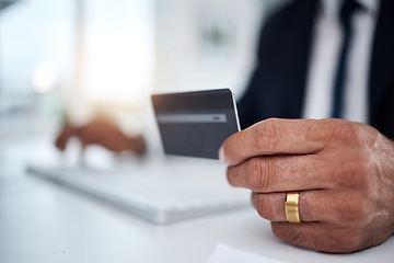 Image showing Business man, hands and credit card at computer for ecommerce, accounting budget or banking investment. Closeup of worker at pc for online shopping, fintech and trading tax money in financial economy