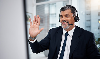 Image showing Video call, telemarketing and man wave on computer for communication in office. Hello, smile and mature customer service consultant or sales manager in crm webinar, virtual meeting and online chat