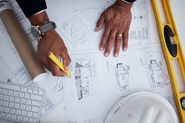 Image showing Top view of man, hands or engineering with blueprint, construction process or design illustration. Closeup of architect drawing documents, floor plan development or stationery tools to sketch project