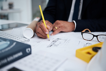 Image showing Hands, architecture and pencil for drawing blueprint, project illustration or engineering process. Closeup, designer and man planning documents, floor plan and papers to sketch scale of renovation