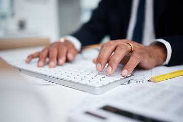 Image showing Hands, keyboard and architect typing at desk for research, architecture and planning on internet. Computer, fingers and engineer writing, construction design and email for online project in office