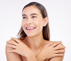 Image showing Beauty, happy studio face and woman shine with anti aging skincare, facial cosmetics glow and self love, spa care or wellness. Natural makeup, dermatology and relax person smile on white background