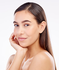 Image showing Beauty, studio portrait and cosmetics woman shine with anti aging skincare, aesthetic facial glow and self care treatment. Natural makeup, cosmetology and face of female model on white background