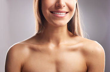 Image showing Beauty, happy studio and topless woman with anti aging skincare, cosmetics glow and body care wellness. Natural dermatology makeup, clean dental teeth whitening and person smile on white background